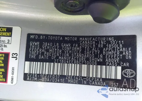 2011 Toyota Corolla S z USA, uszkodzony, nr VIN 2T1BU4EE8BC710006